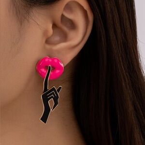 Pink Lip and Black Hand Earrings